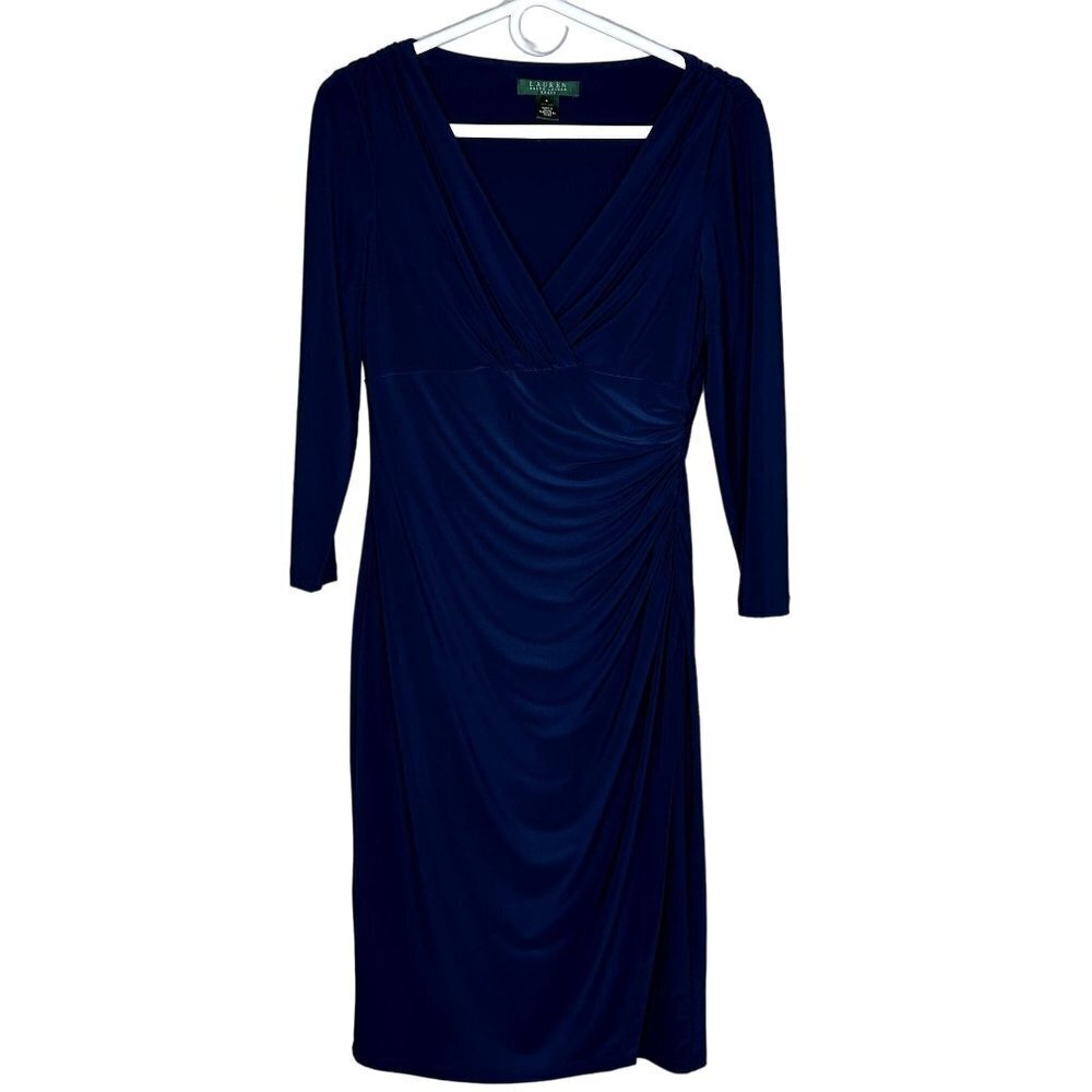 Lauren Ralph Lauren Faux Wrap 3/4 Sleeve Knee Length Dress Size 4 Navy Blue
